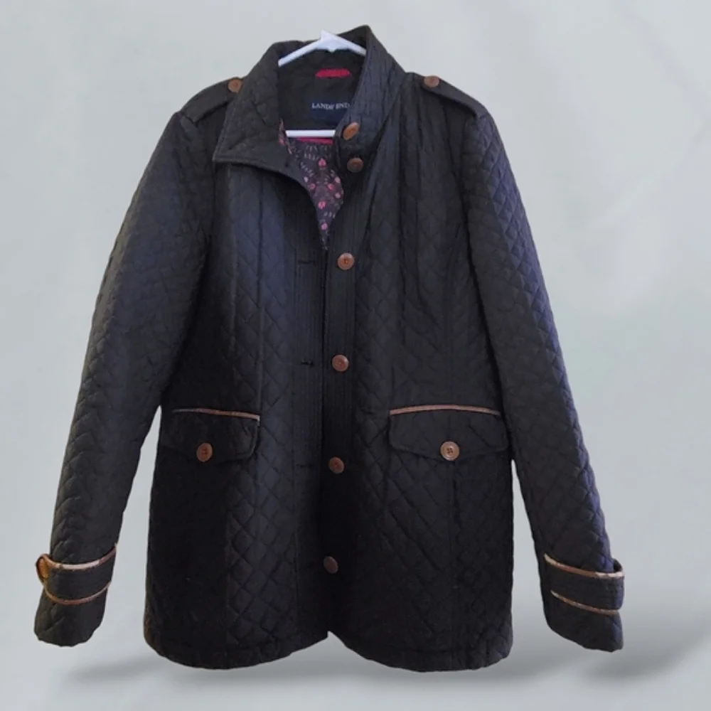 Lands End Black Quilted Jacket Floral Interior Primaloft Lightweight Sz Large - Picture 2 of 15